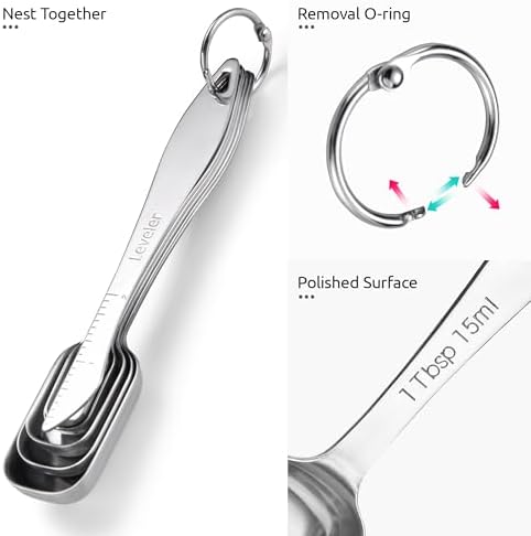 U-Taste Narrow Square Measuring Spoons, Metal Measure Set of 6 with Leveler