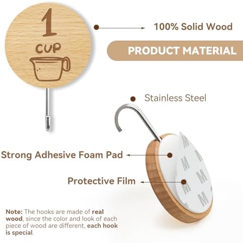 12 Pack Adhesive Wooden Hooks for Organizing Measuring Cups and Spoons