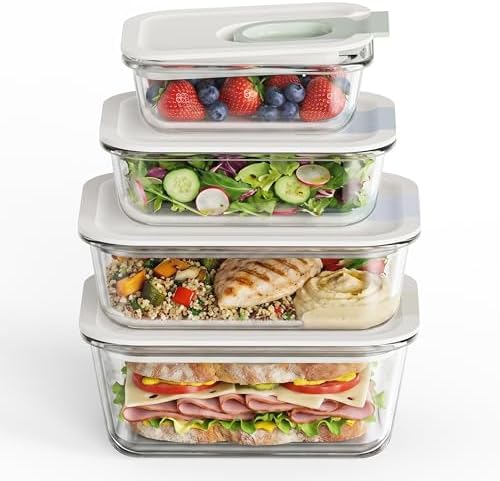 GENICOOK 4 Pack Glass Meal Prep Containers with One-Hand Slid BPA Free