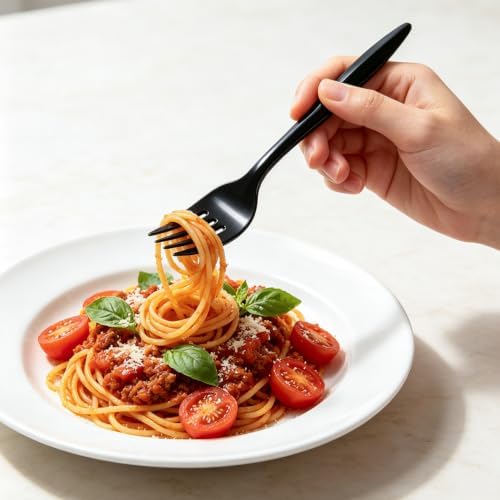 CXPSINC 300 Pack Plastic Forks Disposable, Individually Wrapped Heavy Duty Cutlery Bulk, Sturdy Polypropylene Forks for Restaurants, Takeout, Cafeterias, Parties (300 Pack-Black-Fork)