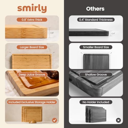 SMIRLY Cutting Boards for Kitchen, 3 Piece Bamboo Cutting Board with Stand
