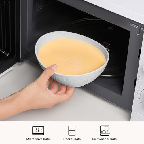 Wheat Straw Bowls Set of 4, Unbreakable Plastic Bowls Reusable, Microwave Safe Cereal Bowl for Camping, RV, Apartment, Party, Kitchen Bowl for Serving, Eating, Soup, Popcorn (26 OZ, White)