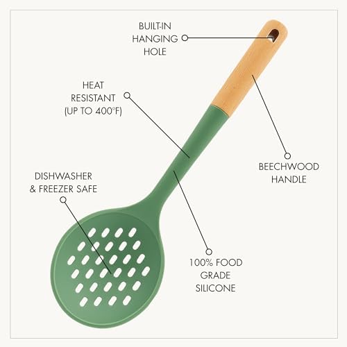 Beille 3pc Beech Wood and Silicone Kitchen Utensils Cooking Spoon Set Meal Prep Baking Supplies Home Essentials, Olive Green