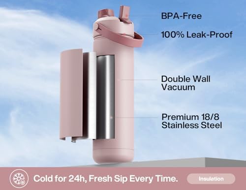 POWCAN 26 oz Insulated Water Bottle with 2-in-1 Straw and Spout Lid, Keep Cold 24H, Leak-Proof, Fits in Car Cup Holder, Stainless Steel Water Bottle for Sports, Travel, Gym, and School (Dried Rose)