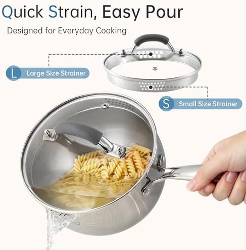 Tri-Ply Stainless Steel Sauce Pan, 2.5 Qt Saucepan with Strainer Lid