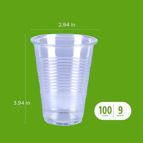 Amazon Basics Small Disposable Clear Plastic Cups, 9oz, 100 Count (Pack of 6)