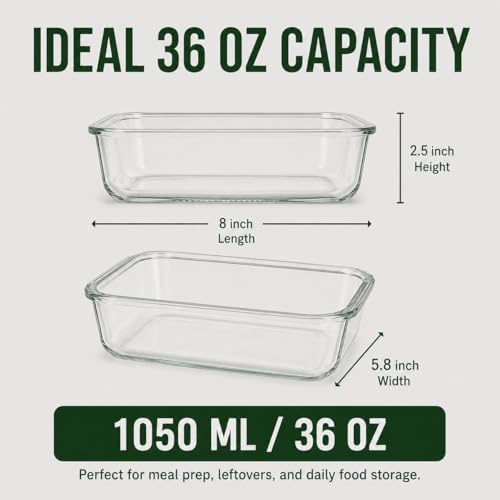 5 Pack 36oz Borosilicate Glass Food Storage Containers Set with Lids, Freezer Meal Prep Containers, Airtight Bento Lunch Container Set, Oven, Freezer and Dishwasher Safe, BPA Free, Kitchen Storage Set