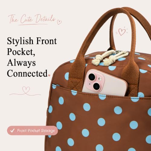 LOVELYWIND Lunch Box for Women,Insulated Lunch Bag Brown & Blue Polka Dots