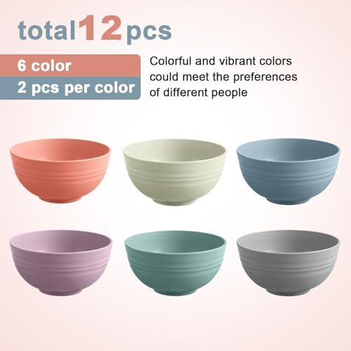 HEYCOME 12 Pcs Unbreakable Cereal Bowls Set, 26 Oz Wheat Straw Bowls Set, Microwave & Dishwasher Safe Bowls for Kitchen, Reusable Plastic Bowls for Soup, Salad and Snack, BPA Free, Multicolor