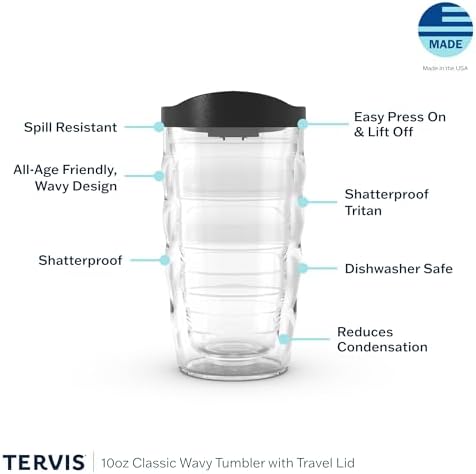 Tervis Clear & Colorful Lidded Made in USA Double Walled Insulated Tumbler Travel Cup Keeps Drinks Cold & Hot, 10oz Wavy, Blue Lid