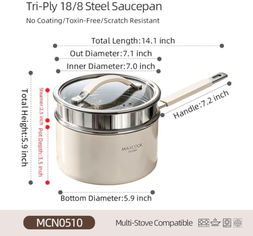 2.0 Quart Tri-Ply Stainless Steel Sauce Pan with Steamer, Heat Fast Evenly, Detachable Silicone Cover,Cooking Pot for All Cooktops