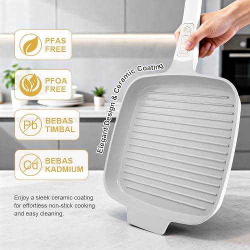 RANX INGST Nonstick Ceramic Griddle Pan with Lid, 10 Inch Steak Pan- White