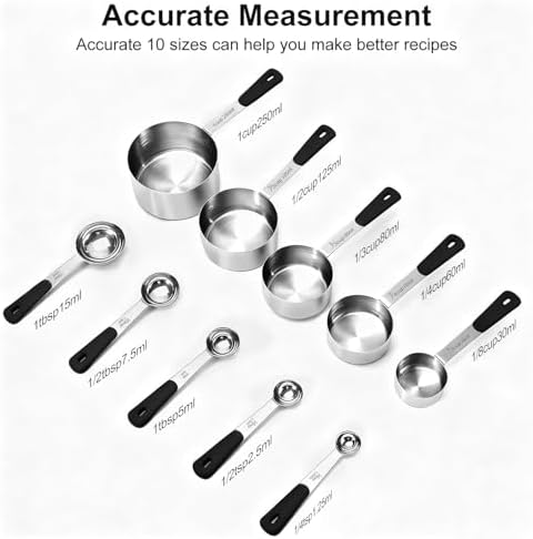 Bopei 10-Pcs Stainless Steel Measuring Cups & Spoons Set, Black Handles