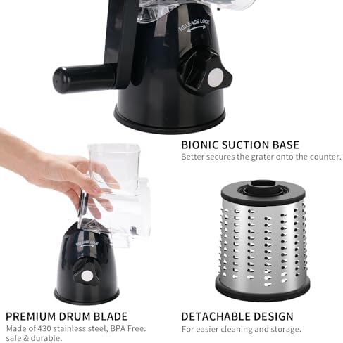 Rotary Cheese Grater Shredder 3-in-1 Hand Crank Suction Base