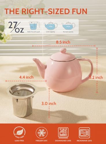 Sweese Porcelain Teapot 27 oz with Infuser for Loose Leaf Tea, Pink