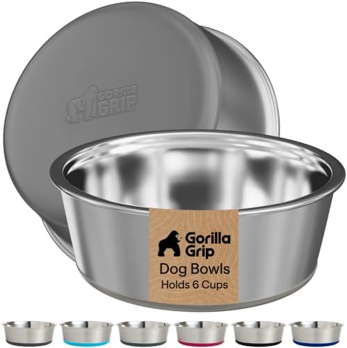 GORILLA GRIP Dog Bowls, Food Grade Stainless Steel, Set of 2, 6 Cup, Gray