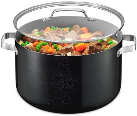 Bakken 16 Quart Ceramic Coated Stock Pot with Lid, Easy Clean Nonstick Pot, Tempered Glass Lid, Riveted Stainless Steel Handles, Oven Safe Up To 500°F, PTFE & PFAS Free, All Stove Compatible, Black