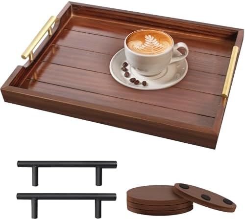 SXNOWS Large Wooden Serving Tray with 2 Sets of Handles,Dark Brown