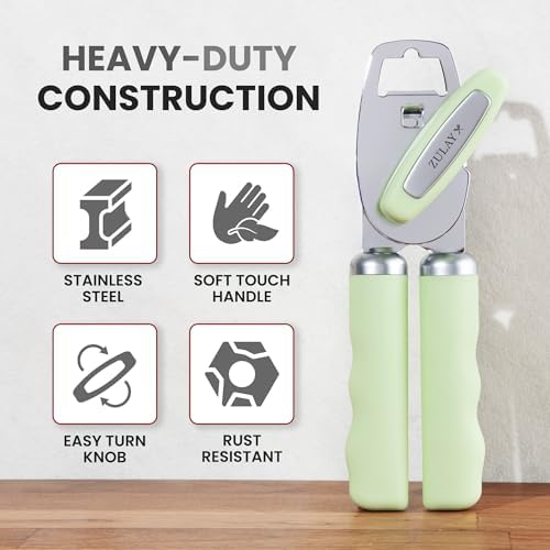 Zulay Kitchen Manual Can Opener Heavy Duty Patented Stainless Steel, Sage