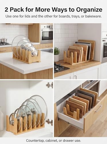 2 Pack Bamboo Pot Lid Organizer for Drawer & Cabinet, 6-Slot Lid Holder