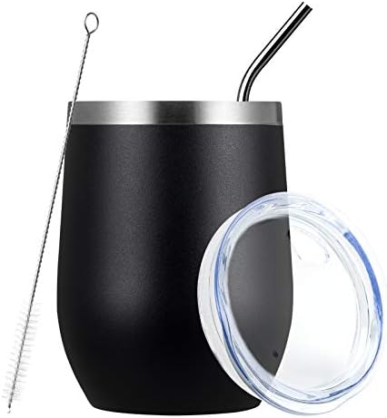 MEWAY Stemless 12oz Wine Tumbler Glasses with Lid -Insulated Double Wall Vacuum Stainless Steel Travel Tumbler with Straw,for Woman Under 10 dollars(Black,1)