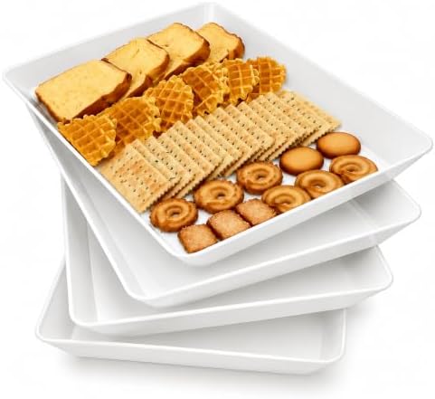 Serving Tray Platter, 4 Pack Food Tray for Veggie Fruit Snack Dessert Cookie Cheese, Food Trays for Party Supplies Display, Plastic Platters for Serving Food, Large White Trays, BPA Free