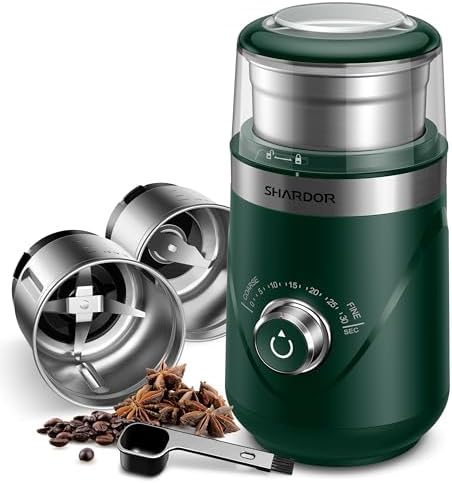 SHARDOR Electric Super Silent Blade Coffee Grinder, Timed Grind Control Rotary Knob, Adjustable Coarse to Fine for Coffee Beans, Spices & Herbs, with 2 Removable Stainless Steel Bowl, Green