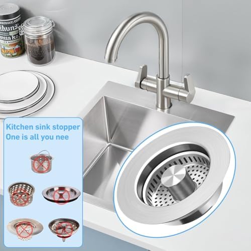 Sink Drain Strainer 3 in 1, 304 Stainless Steel Pop Up Kitchen Sink Stopper with Anti-Clogging Basket, Kitchen Essential Drain Anti-Clog Gadgets, Fits US Standard 3-1/2'' Sink Drain (Silver, 2 Pack)