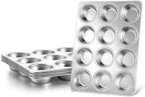 LIANYU 12 Cup Muffin Pan Tin for Baking, 4 Pack Stainless Steel Cupcake Pan