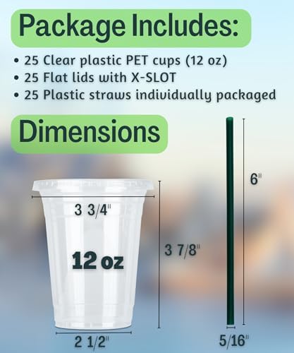 Cappatua 12 oz Clear Plastic Cups with Lids and STRAWS, Disposable Drinking Cups for Cold Drinks, Iced Coffee, Milkshakes, Smoothies, 25 Sets