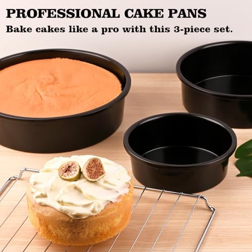 HUAKENER 3 Pack Round Cake Pans, Carbon Steel Pan with Parchment Paper