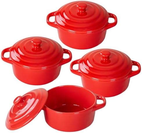 Mini Dutch Oven Set of 4, 14 oz Ceramic Mini Dutch Ovens with Lids and Handles, Ramekins with Lids for French Onion Soup, Pot Pies, Soufflés and Baked Desserts, Oven Microwave Dishwasher Safe, Mini Cocotte，（Red）