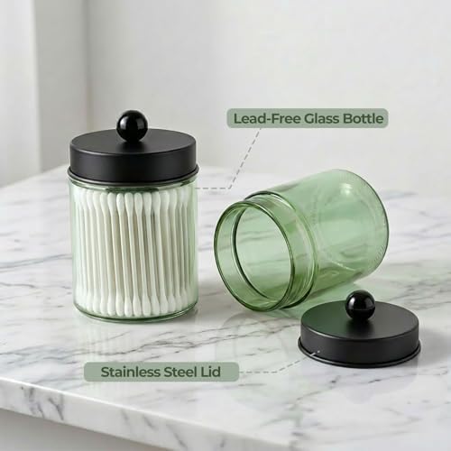 Amolliar Green Glass Apothecary Jar Qtip Holder Metal Lids 4pc/Green-black