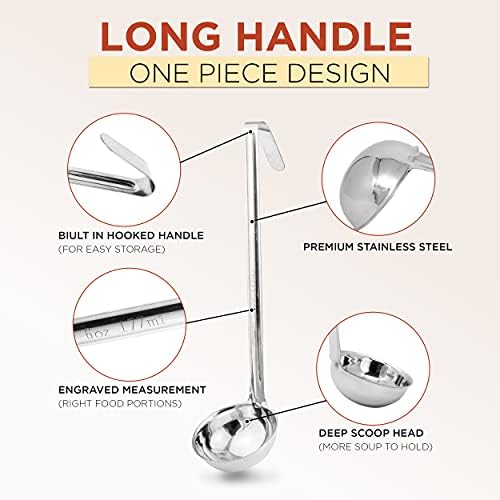 Fit Meal Prep [2 Pack] Stainless Steel Soup Ladle - One-Piece Sauce Spatula with Hook Handles, Commercial Grade Serving Spoon, Kitchen Tool for Restaurant or Home Cooking, Mirror Finish, 14.25" Long