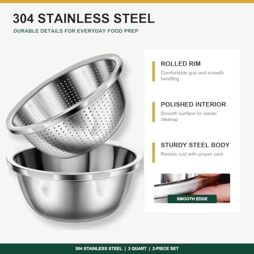 304 Stainless Steel Microporous Colander Set - 3QT Large Capacity Kitchen Strainer, Dishwasher Safe for Vegetable/Fruit/Rice Washing & Cooked Pasta Draining （2PC)
