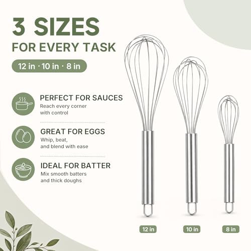 3 Pack Stainless Steel Balloon Whisk Set, 8/10/12 Inch Manual Egg Beater, Multipurpose Kitchen Wire Whisk for Baking, Cooking, Blending & Stirring