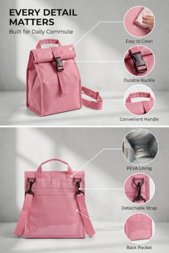 ZM-YOUTOO Insulated Foldable Lunch Bag- Lightweight Portable with Adjustable Shoulder Strap Lunch Box for Men, Women, Office, Work, Picnic, Hiking and Beach (Pink(Hard Fabric))