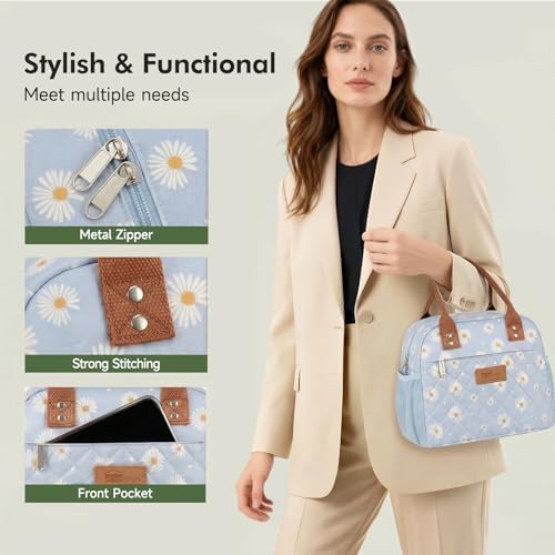 HOMESPON Insulated Lunch Bag for Women Men, Cooler Tote Box, Blue Daisy