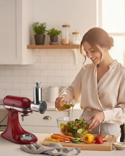 RAFBAR Slicer Shredder Attachment for KitchenAid Stand Mixer | 75mm Wider Blade Cheese Grater Attachment for KitchenAid, 60mm Large Feed Chute, 3 Drum Blades, Salad Maker, Dishwasher Safe
