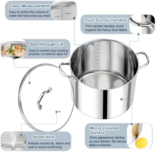 P&P CHEF 16 QT Stainless Steel Stock Pot with Lid, Cooking Pot for Soups