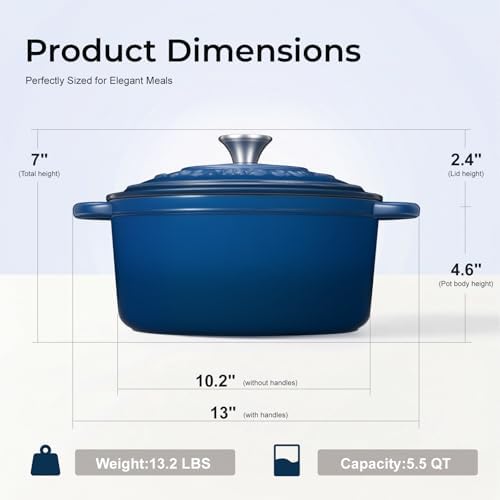 Parmedu 5.5QT Enameled Cast Iron Dutch Oven for Sourdough Bread Indigo Blue