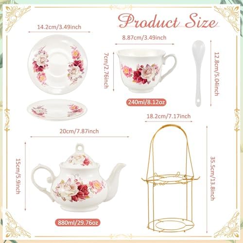 Zhehao 20 Pcs Porcelain Tea Set for Adult, with Metal Holder, Grace