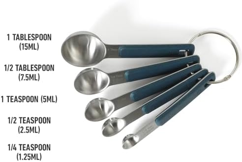 Calphalon Prime Measuring Spoons, Plastic Measuring Spoon Set, 5-Piece Stainless Steel Measuring Spoons Navy Silicone Handle Accurate, Durable for Spices and Small Portions
