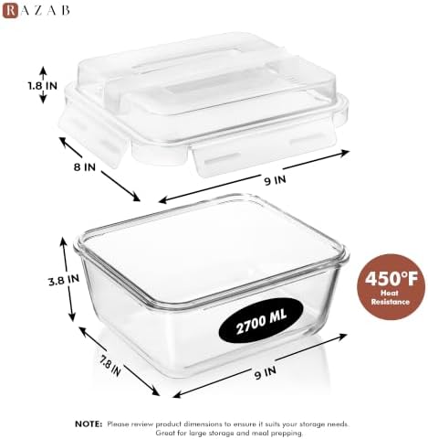 Razab 2700ml / 91Oz / 11.5 Cups Large Glass Food Storage Containers with Lids - Glass Meal Prep Containers for Roasting & Storing Leftover, Glass Lunch Container, Microwave & Oven Safe