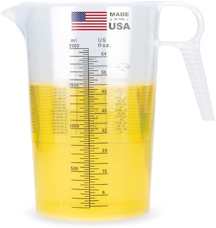 Half Gallon 64oz (2 quart) Measure Pitcher- Conversion Chart-Strong Food Grade - Resistant to Chemicals- Great for Lawn, Pool & Spa, Ag, Home Hobbies, Lye, Cooking, Shop Motor Oil Fluids Made In USA