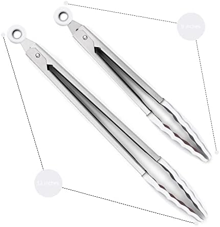 2 Pack Silicone Kitchen Tongs, 9 & 12 Inch, Stainless Steel, Light Grey