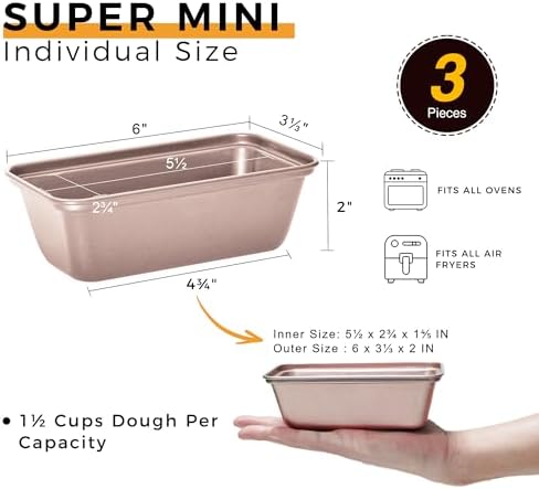HONGBAKE Mini Loaf Pans for Baking, Nonstick Small Bread Pans of 3, 6 x 3.2 x 2 In Tiny Carbon Steel Small Baking Pans - Rose Gold