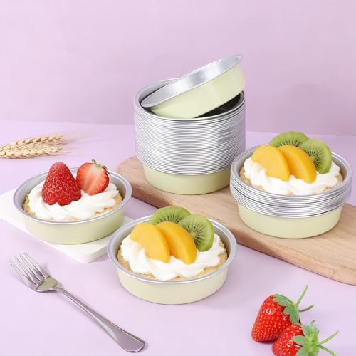 Beasea Aluminum Foil Ramekins Tart Tin, 100 Pack 7.3oz 215ml Disposable Baking Cups Only, 4 Inch Mini Ramekin No Lids Cupcake Baking Pie Cups for Party - Sage Green