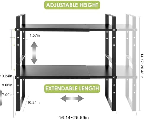 Across-Star Expandable Cabinet Shelf Organizer Rack, Stackable Kitchen Counter Storage Shelves Stand, Adjustable Height Pantry Shelf Spice Rack