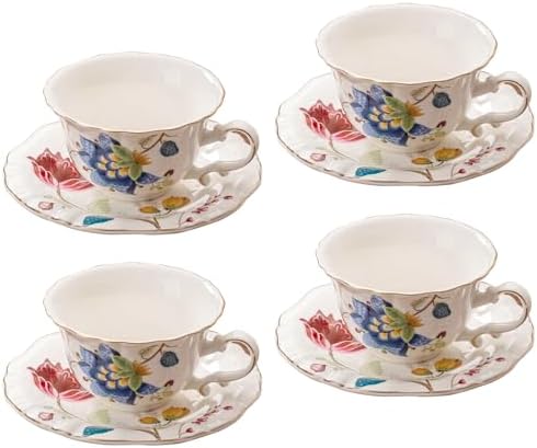 Ceramic Tea Cups Coffee Cup and Saucers Set of 4 (Blue and Red)